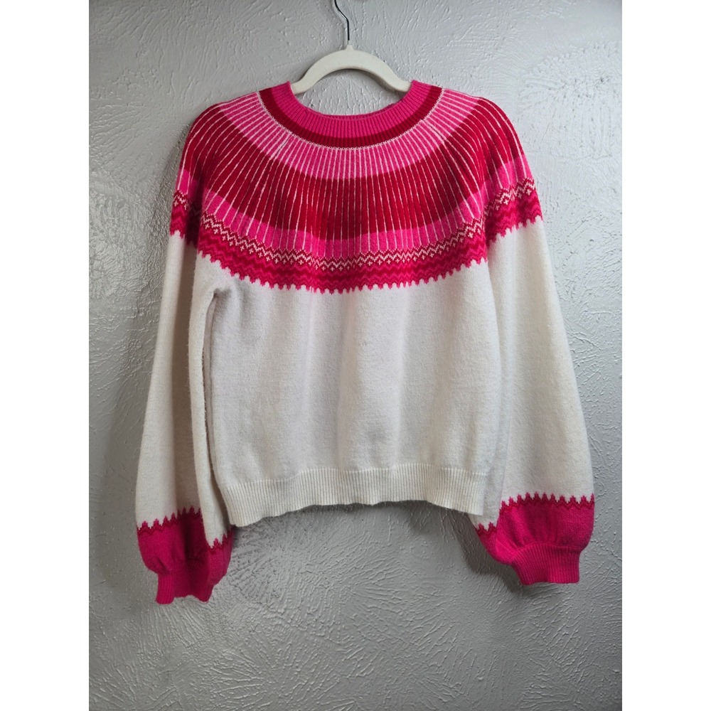 Hyacinth House Fair Isle Sweater Pink White Balloon Sleeve Crew Neck Knit Hippie